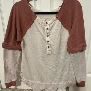 Gilded Intent Two-Tone Henley Top in Cream and Brown